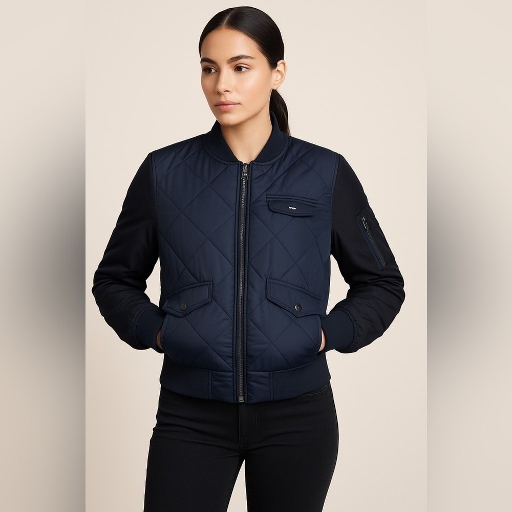 Members Only Quilted Bomber Jacket Navy Minimal Utility Coat
